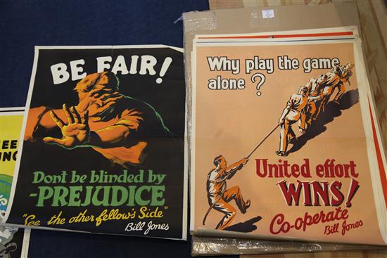 A collection of ten 1920s Bill Jones coloured lithograph motivational posters, each 28 x 22in.